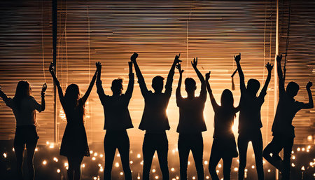 A group of people stand silhouetted against a background of warm lights, raising their hands in joy and celebration at a concert.の写真素材