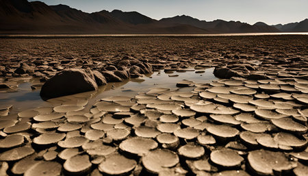 A scenic landscape photograph showcasing a dried up lake bed with cracked earth. The cracked earth forms a unique pattern across the landscape. Mountains can be seen in the distance, under a clear blue sky.の写真素材