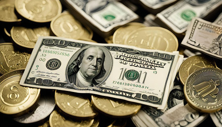 A close-up shot of a US dollar bill laying on top of a pile of gold and silver cryptocurrency coins.
