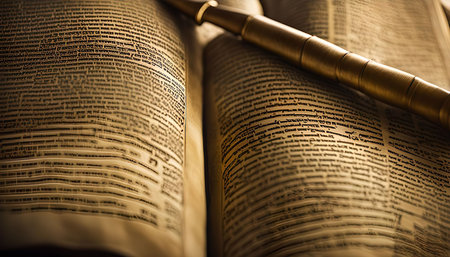 A close-up image of an antique book with a golden pen laying on top. The image highlights the texture and details of the old book and pen.の写真素材
