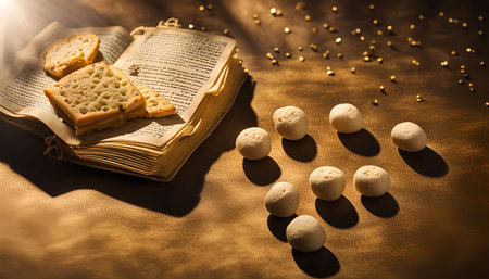 A still life of an old book with crackers and white candies arranged on a gold background, bathed in...