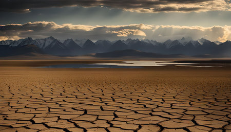 A wide-angle shot of a vast desert landscape, with a cracked earth in the foreground and a majestic...