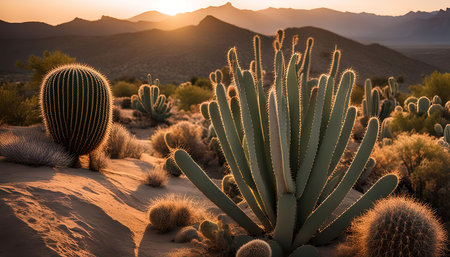 A scenic view of cacti in the desert at sunset. The sun is setting behind the mountains, casting a golden glow on the landscape.の写真素材