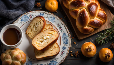 A close up image of a selection of freshly baked bread and pastries, including a braided loaf, rolls...