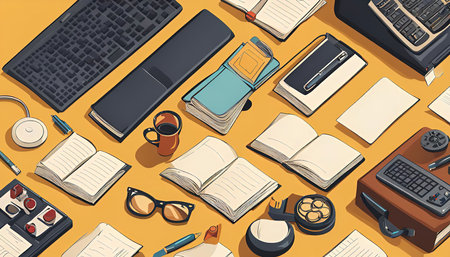 An illustration of office supplies and technology items on a yellow desk. The items include a keyboard, notebooks, pens, a coffee cup, and other office gadgets.の写真素材