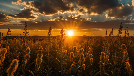A stunning sunset over a field of tall grass with golden light illuminating the scene.の写真素材