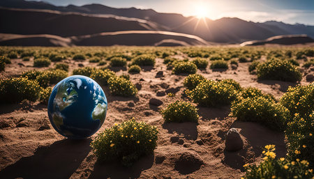 A miniature globe sits in the sand of a desert landscape, surrounded by small green bushes with yellow flowers, with a mountain range and a sun rising in the background.の写真素材