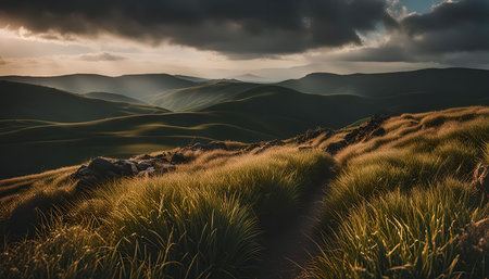 A breathtaking view of a mountain landscape with a path through the lush grass, offering a sense of adventure and exploration.の写真素材