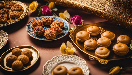 A traditional Thai dessert platter with various types of cookies and pastries arranged on gold and blue plates. The beautiful arrangement showcases the rich flavors and delicate artistry of Thai cuisine.の写真素材