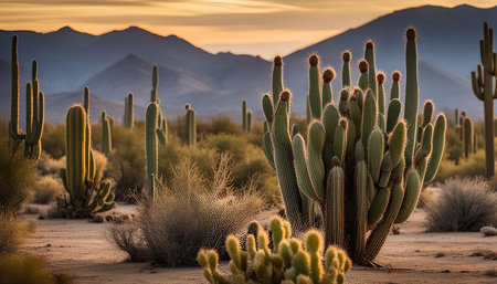 A captivating image showcasing a group of cacti silhouetted against a vibrant sunset sky in the Arizona desert. The vibrant green cacti contrast beautifully against the warm golden light of the setting sun. The image evokes a sense of tranquility and vastness, inviting viewers to imagine the peaceful silence of the desert.の写真素材