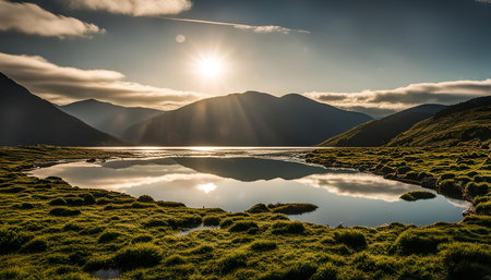 A picturesque view of a mountain lake at sunset, with the sun reflecting on the water and creating a...