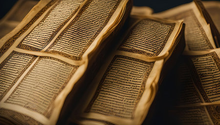 Close-up image of a stack of ancient manuscript pages, showing their worn texture and intricate writing. The pages tell a story of history and wisdom.の写真素材