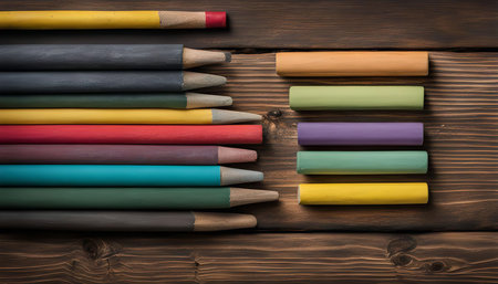 A close-up shot of colorful pencils and chalk arranged on a wooden table. The pencils and chalk are...