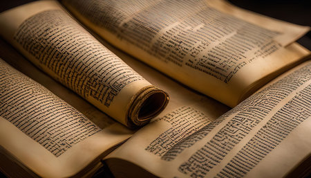 A close-up image of antique books, showing their aged paper, intricate lettering, and the passage of time through their worn pages.の写真素材