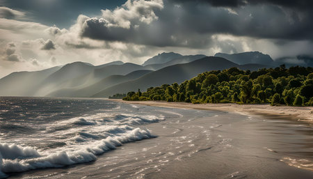 A breathtaking view of a sandy beach with rolling waves, a lush green forest, and a majestic mountain range in the distance. The sunlight pierces through the clouds, casting a warm glow over the scene.の写真素材