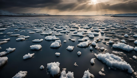 A frozen lake with ice floes scattered across its surface. The sun is shining through the clouds,...