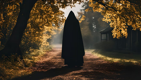 A mysterious figure cloaked in darkness walks down a forest path bathed in soft sunlight. The leaves on the trees are a warm yellow, adding to the sense of mystery and enchantment.の写真素材