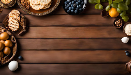 A beautiful flat lay photography of various foods arranged on a rustic wooden table, perfect for a food blog or recipe website.の写真素材