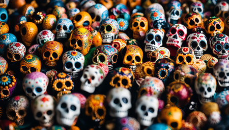 A close-up image of colorful Day of the Dead sugar skulls. The skulls are a traditional symbol of the Mexican holiday, which celebrates the lives of the dead.の写真素材