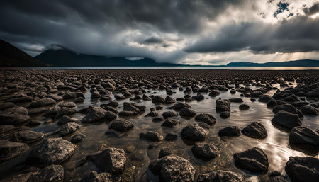 A breathtaking landscape image captures a serene view with a stunning backdrop of mountains. The dark, dramatic sky adds a sense of grandeur to the scene.の写真素材