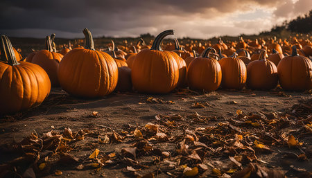 A vibrant orange pumpkin patch under a setting sun, displaying the beauty of the autumn harvest season.の写真素材