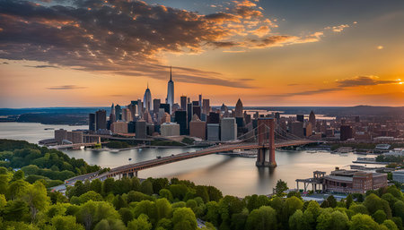 A breathtaking aerial view of the New York City skyline at sunrise, with the Brooklyn Bridge in the foreground and the iconic skyscrapers of Manhattan in the background.の写真素材