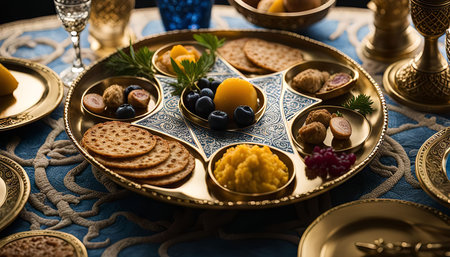 A close-up of a beautifully arranged Swedish Christmas dinner plate with various traditional delicacies. The golden plate is decorated with blue and white patterns and the food includes crackers, cheese, blueberries, meat, and other festive treats.の写真素材