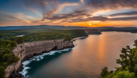 A breathtaking panorama of a sunset over the sea coast. The sky is ablaze with warm colors, and the ocean reflects the light. The image was taken from a high vantage point, providing a sweeping view of the landscape.の写真素材