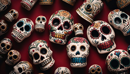 A variety of sugar skulls, a traditional Mexican decoration for the Day of the Dead, arranged on a red background.の写真素材