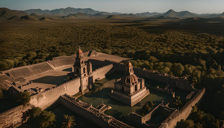 An aerial view of an ancient church surrounded by walls, with mountains in the background.の写真素材