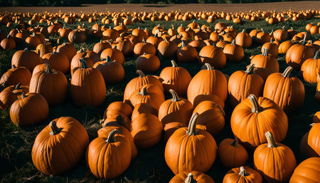 A vibrant pumpkin patch with rows of ripe orange pumpkins, basking in the warm autumn sunlight. The scene captures the essence of harvest season with its abundance and natural beauty.の写真素材
