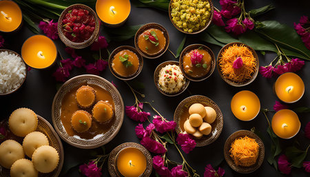 A variety of Indian sweets arranged on a table with candles. The sweets are arranged in a beautiful pattern and the candles add a festive touch to the image.の写真素材