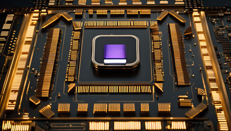 A close-up view of a computer chip, showing the intricate details of its circuitry and design. The chip is mounted on a black motherboard, with gold-colored connections running around it.の写真素材