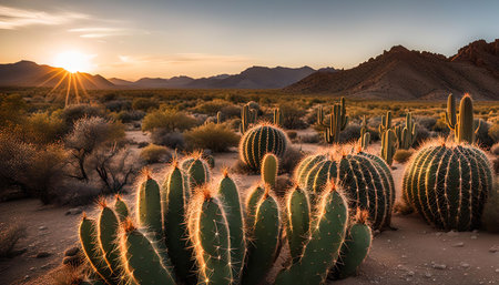 A beautiful desert landscape with a sunset behind a mountain range and many cacti in the foreground.の写真素材