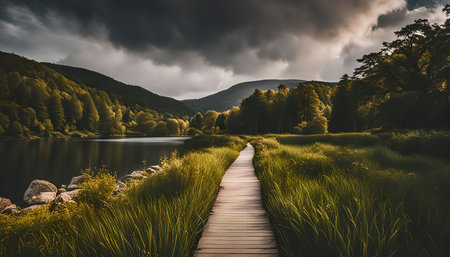 A scenic wooden path leads through a lush green meadow with a serene lake and forested mountains in the background.の写真素材