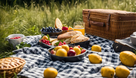 A classic summer picnic setup with a checkered blanket, wicker basket, and an array of delicious food, including fruit and sandwiches.の写真素材