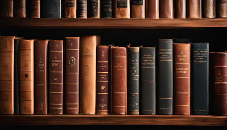 A close-up of a bookshelf filled with antique leather-bound books. The spines of the books are arranged neatly and are adorned with gold lettering.の写真素材