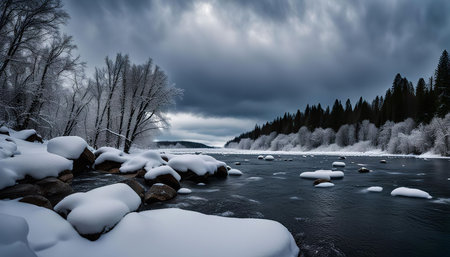 A snow-covered river flows through a winter forest, with a dramatic cloudy sky overhead.の写真素材