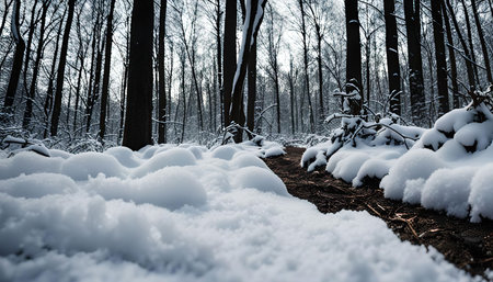 A snowy forest path with trees lining the sides. The snow covers the ground and makes the path look like a white tunnel.の写真素材