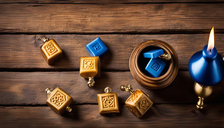 A still life image showcasing the traditional symbols of Hanukkah, including dreidels and candles, on a wooden background, representing the Jewish festival of lights.の写真素材