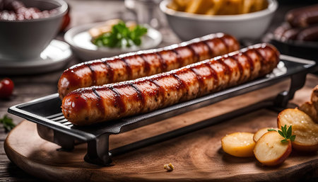 A close-up of two grilled sausages on a serving tray with sliced potatoes on a wooden table.の写真素材