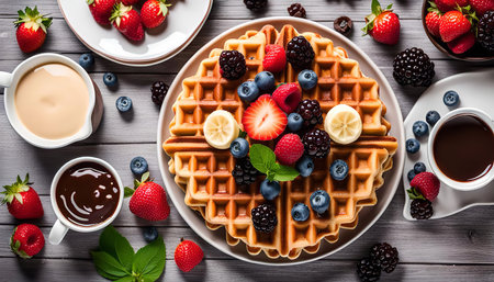 A plate of waffles topped with fresh strawberries, blueberries, blackberries and raspberries and chocolate and vanilla syrup. It looks delicious and perfect for a morning breakfast.の写真素材