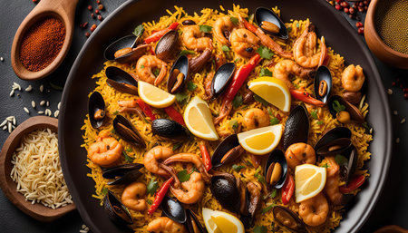 A top view of a plate of paella filled with mussels, shrimp, and lemon slices, garnished with fresh herbs and spices.の写真素材
