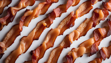 Close-up of crispy bacon strips arranged in a diagonal pattern on a white surfaceの写真素材