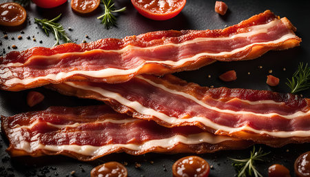 Close-up of cooked bacon strips on a black surface, ready to eat.の写真素材