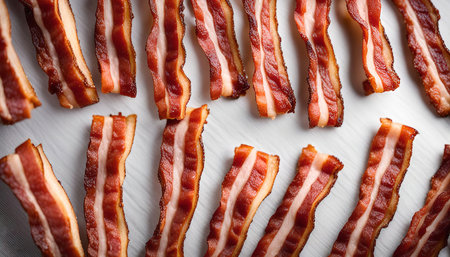 Close up shot of crispy bacon strips on white backgroundの写真素材