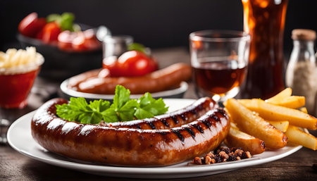 Two grilled sausages served with golden brown french fries on a white plateの写真素材