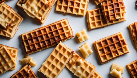 Close up of waffles on a white surface. The waffles are golden brown and crispy, and look delicious and appetizing.の写真素材