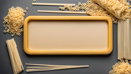 A flat lay image of various pasta shapes arranged around a rectangular frame. The image features a variety of pasta shapes, including spaghetti, macaroni, and ring-shaped pasta. The pasta is arranged in a minimal and abstract composition against a gray background.の写真素材
