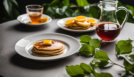 A stack of golden pancakes topped with butter and syrup sits on a white plate on a table. Leaves are scattered across the table, giving the setting a nature-inspired touchの写真素材